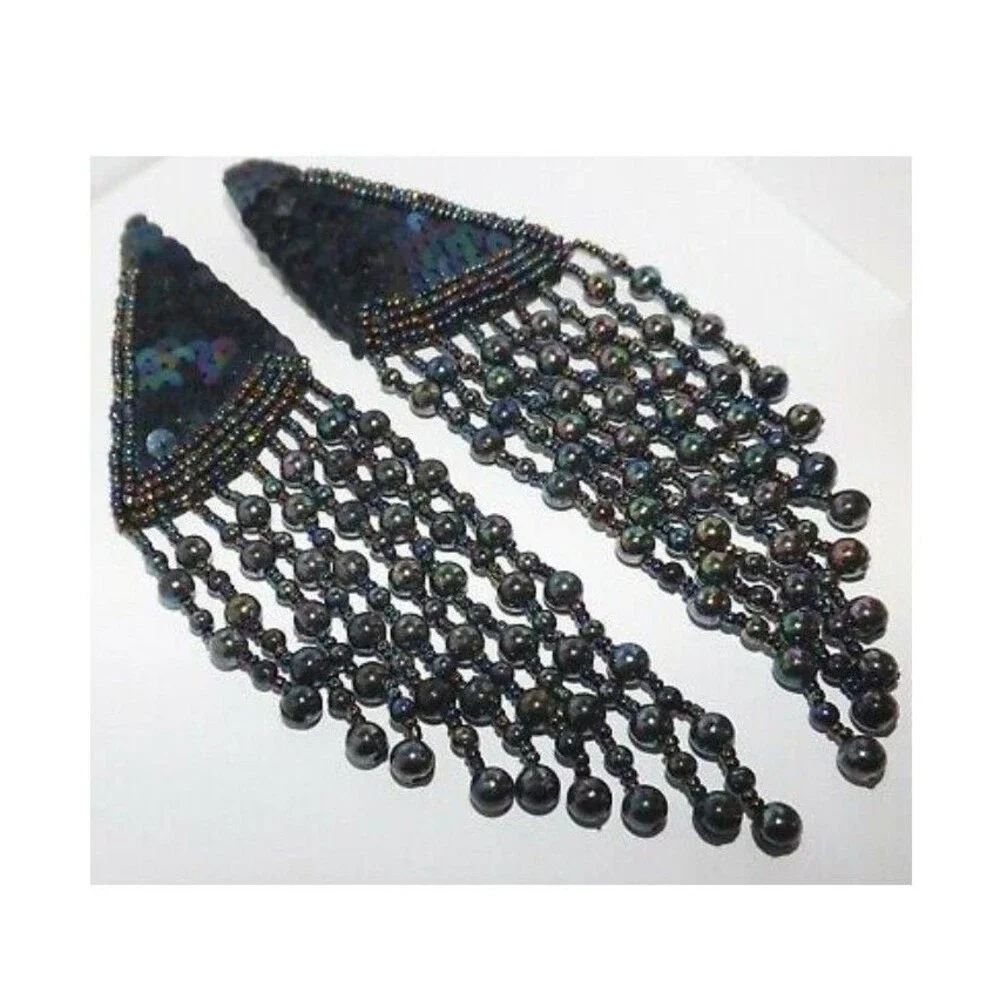 Vintage 80s Glass Beaded Iridescent Peacock Fringe Statement Runway Earrings 6